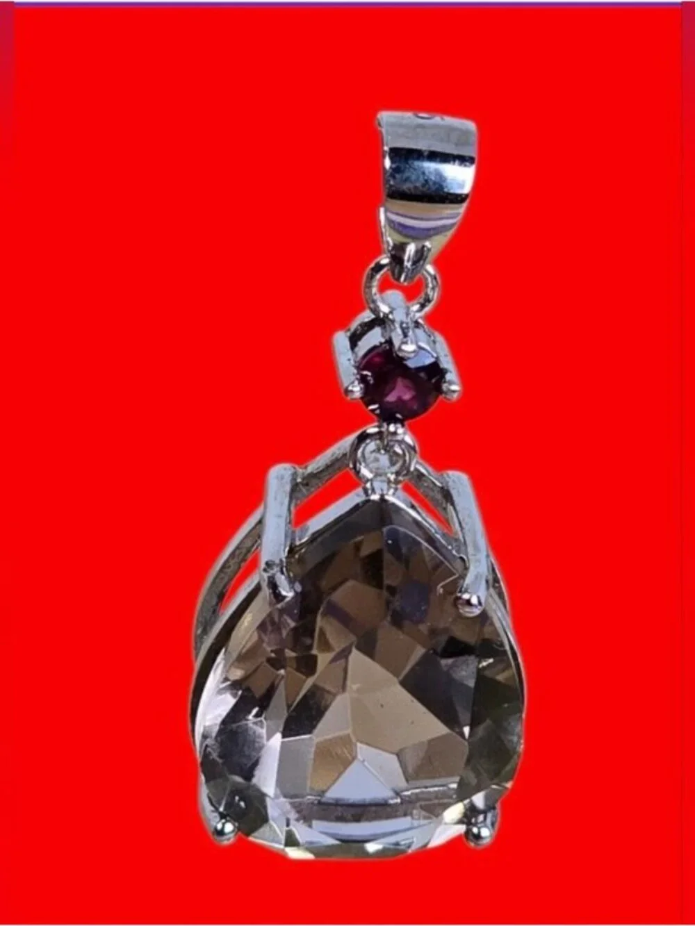 925 Sterling Silver Pendant 2x 1.0cm With Natural Smoky Qusrtz & Garnet
